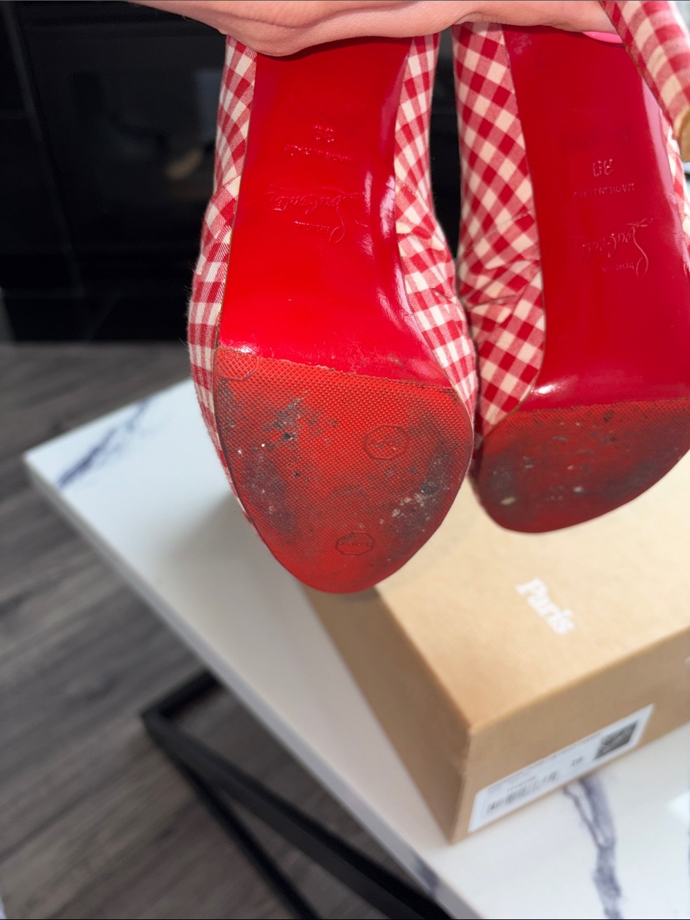 Christian Louboutin Red and White Gingham Peep-Toe Knot Pumps - Picture 8 of 12